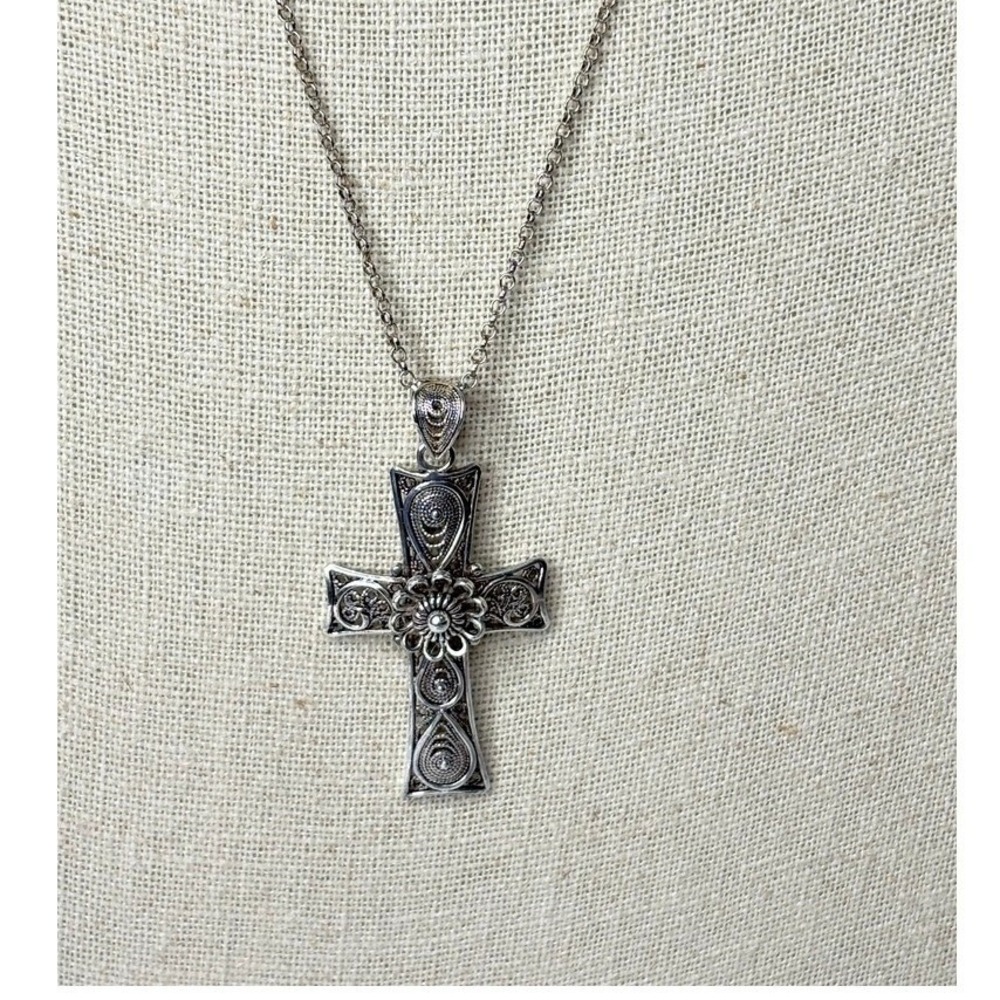 DGS‎ Turkey Religious Cross Ornate Crucifix Sterling Silver Necklace 25"